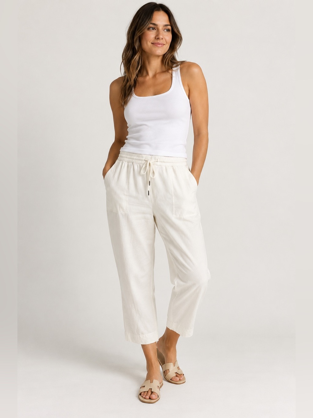 Banana Republic White Linen Blend Pull-On Cropped Pants | Size XL